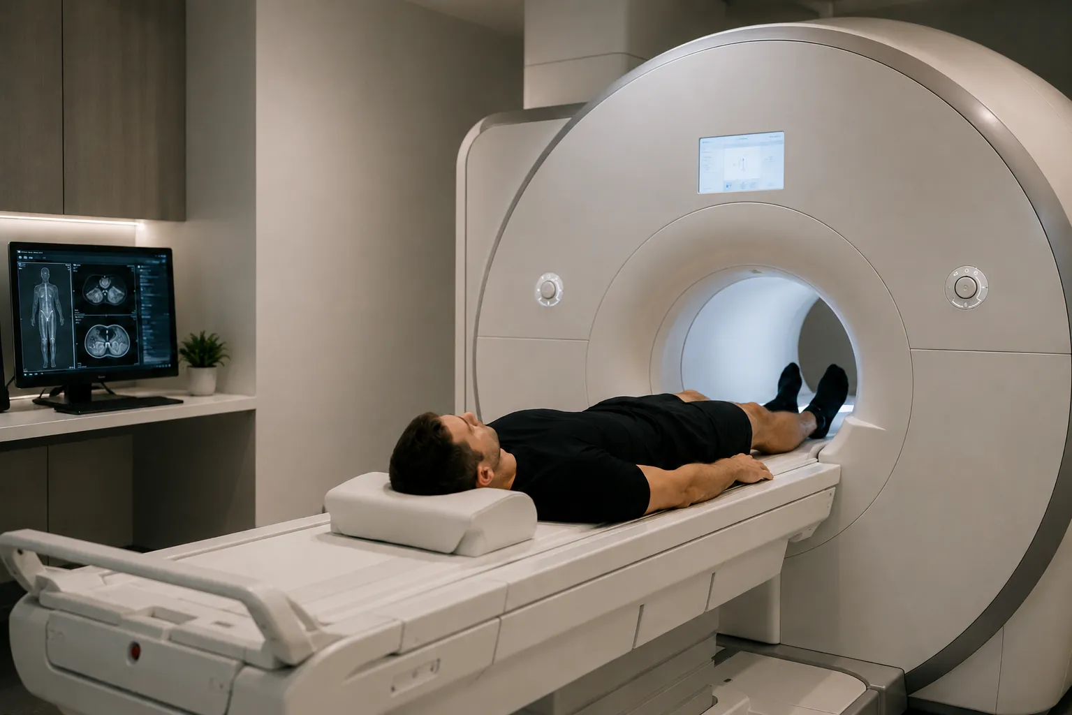 A patient undergoing a full-body MRI scan in a modern clinic