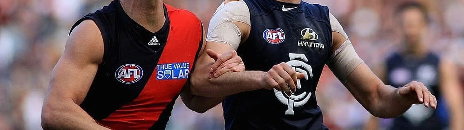 Two Australian rules footballers contesting the ball mid-game in front of a packed crowd