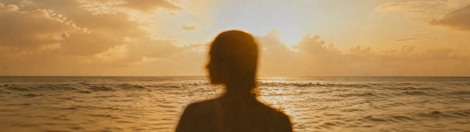 Silhouette of a person looking out over the ocean at golden hour