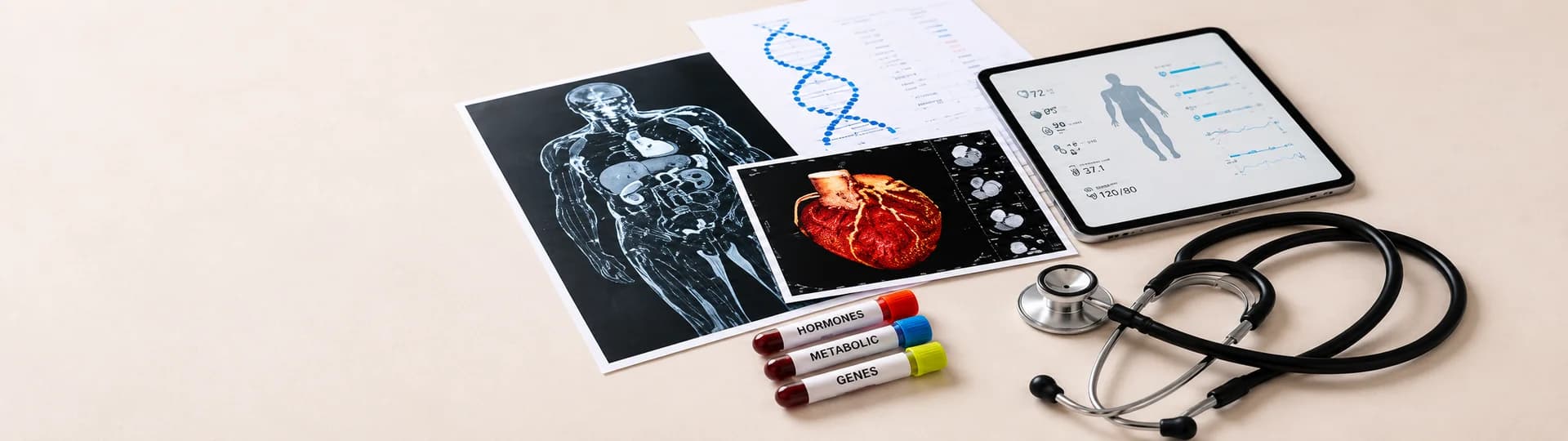 Blood test tubes, medical imaging printouts, a stethoscope and a tablet showing health data on a desk