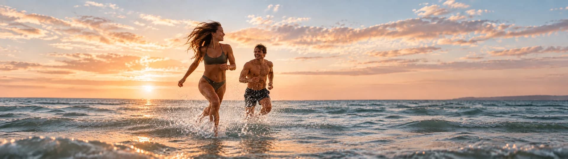 A couple running and laughing through the shallows at sunset