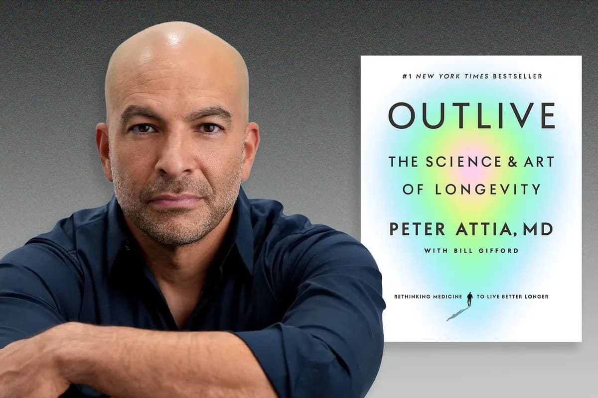 Dr Peter Attia beside the cover of his book Outlive