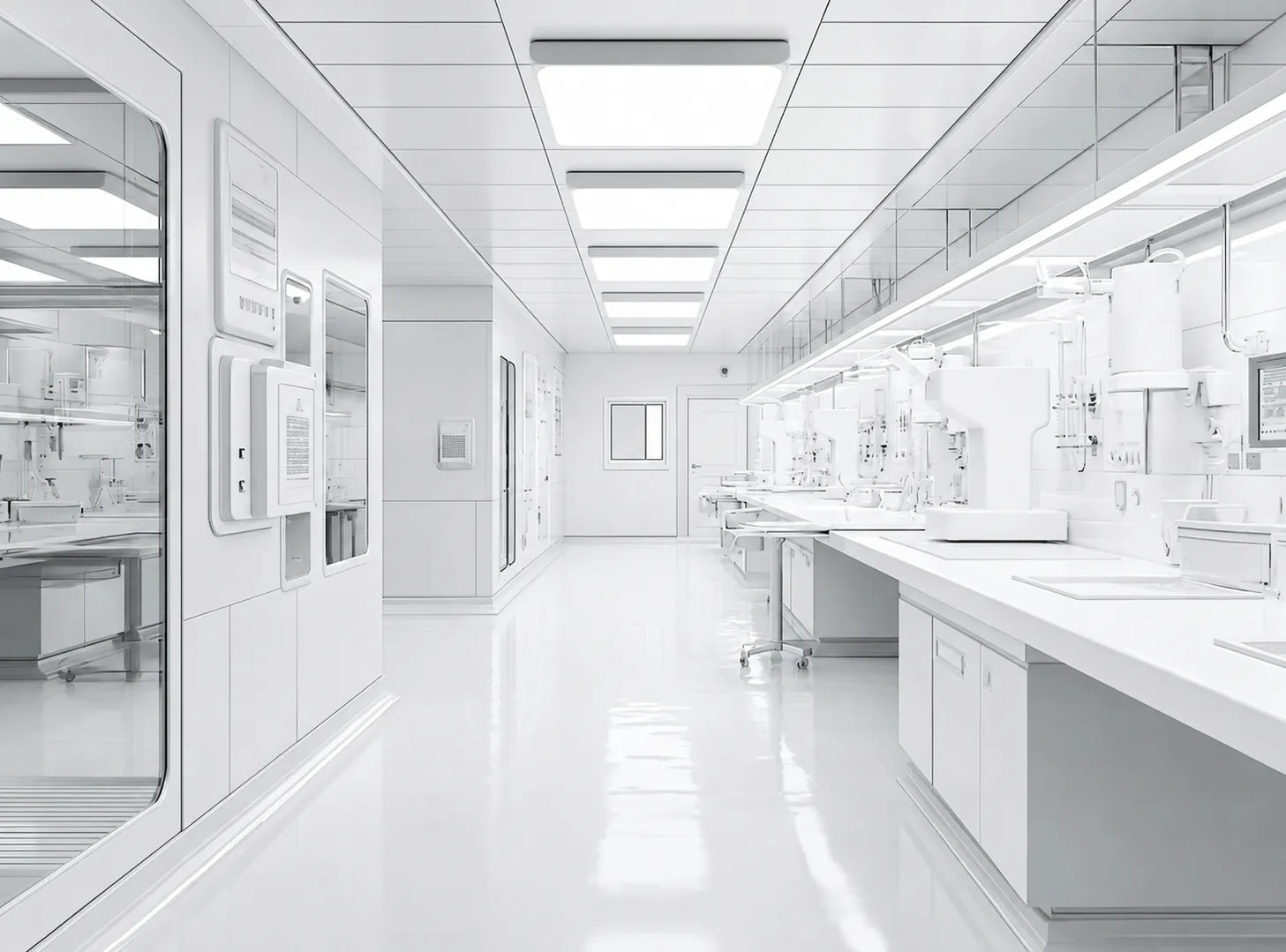 A clean, brightly lit sterile compounding laboratory with white countertops and equipment
