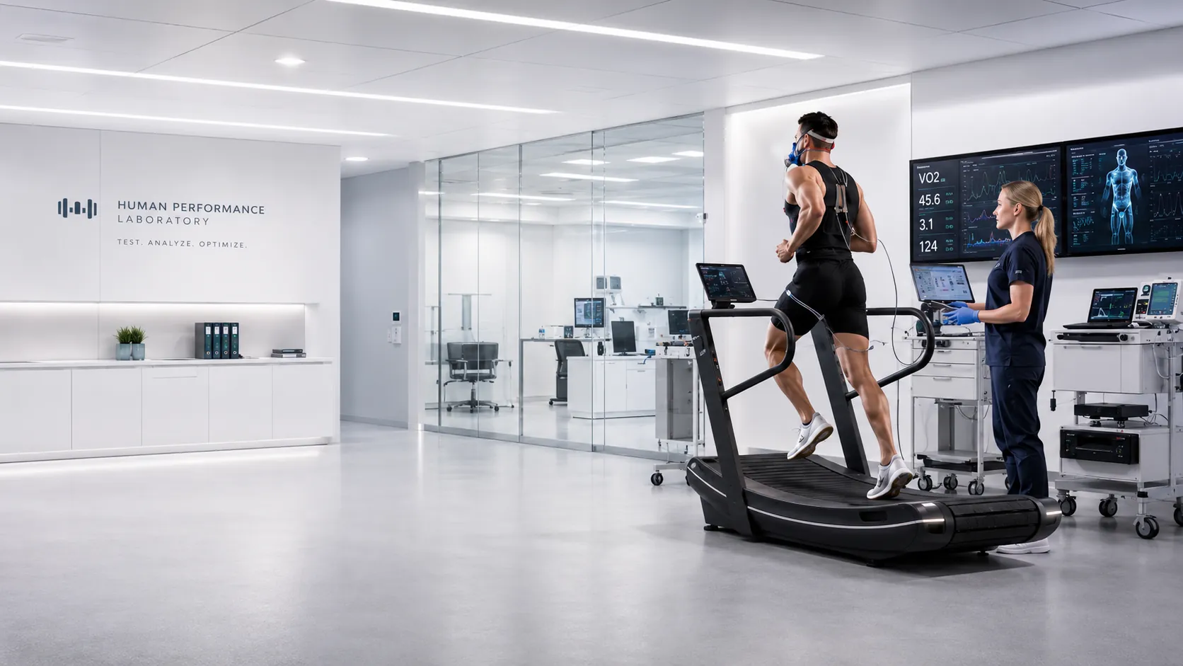 A man running on a treadmill in a modern performance lab while a clinician monitors his vitals on screens