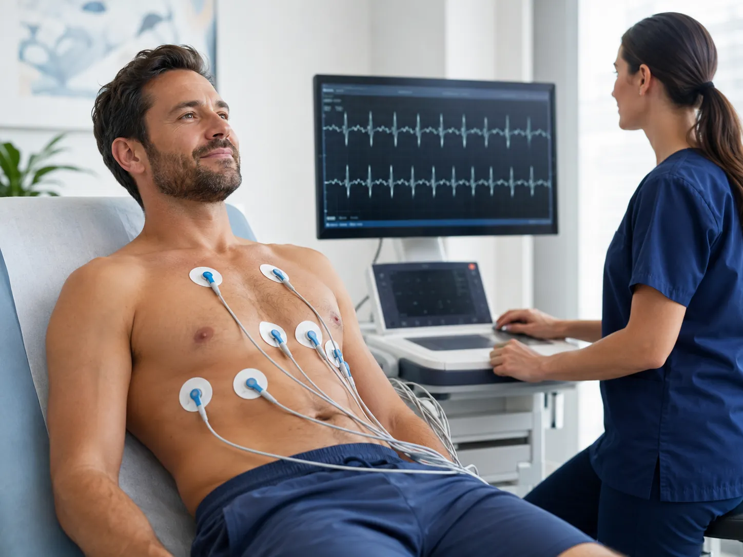 A man having an ECG heart check while a clinician monitors the trace
