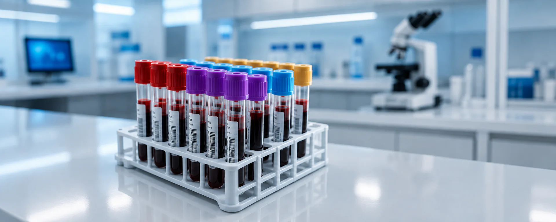 A rack of colour-capped blood sample tubes on a laboratory bench