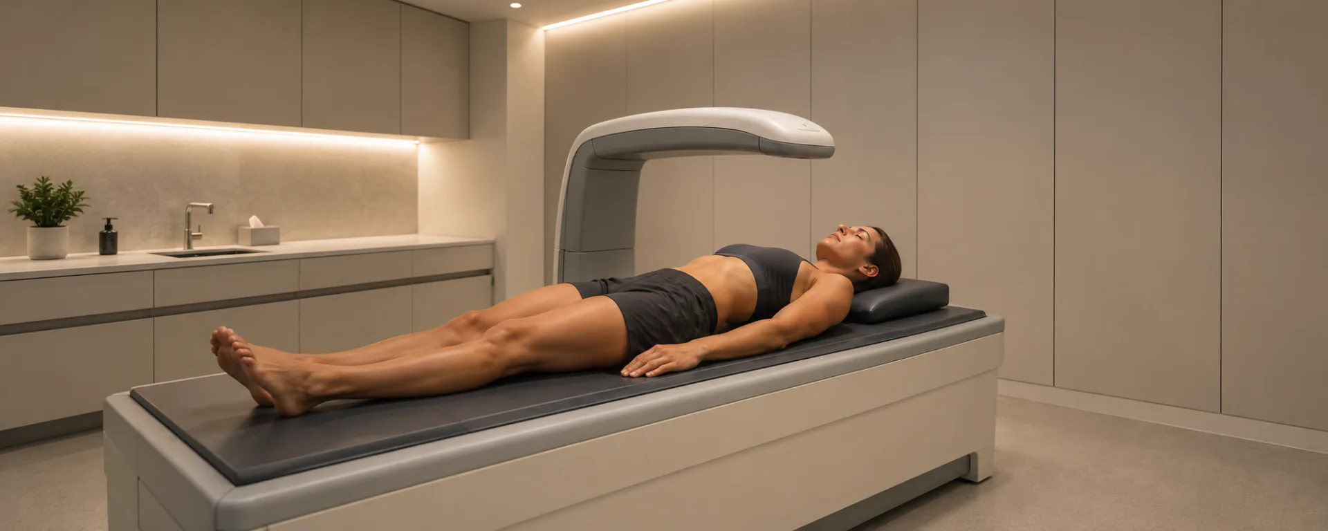 A woman lying on a DEXA scanner in a calm, warmly lit room