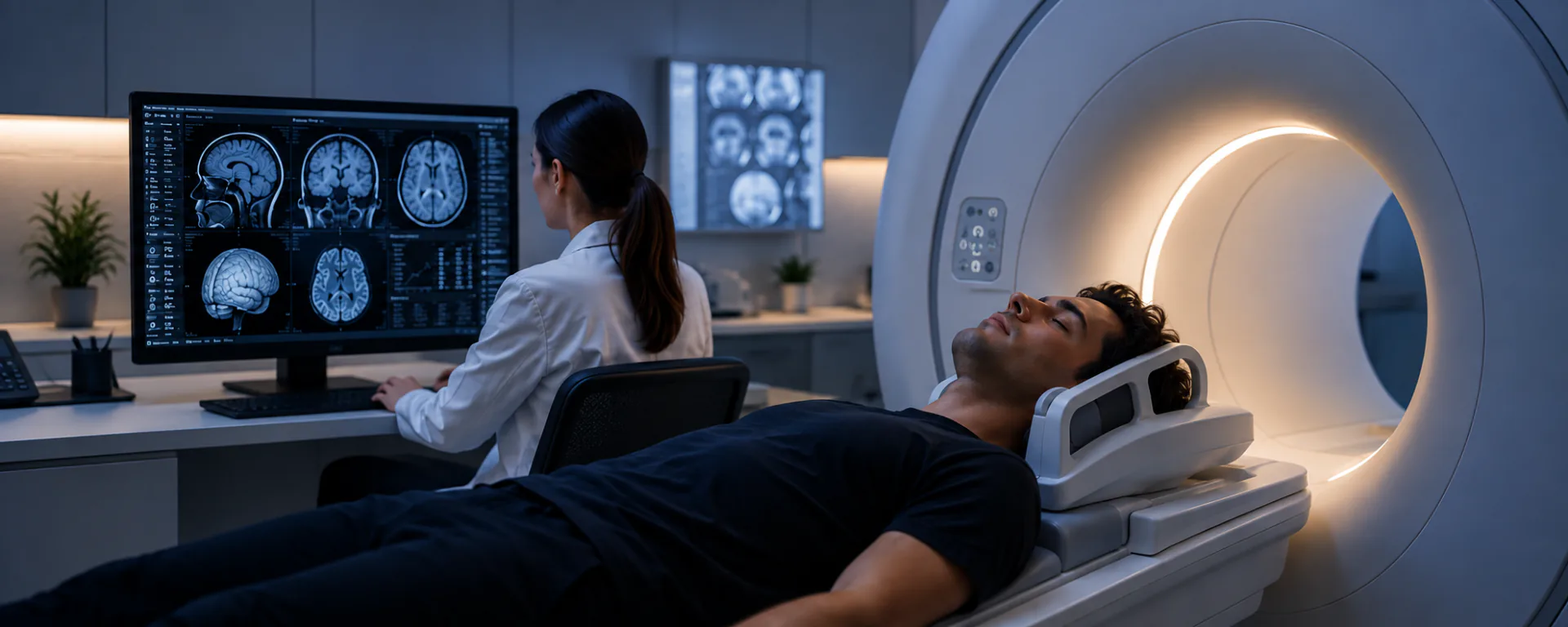 A man entering a brain MRI scanner while a radiographer reviews brain scans on screen