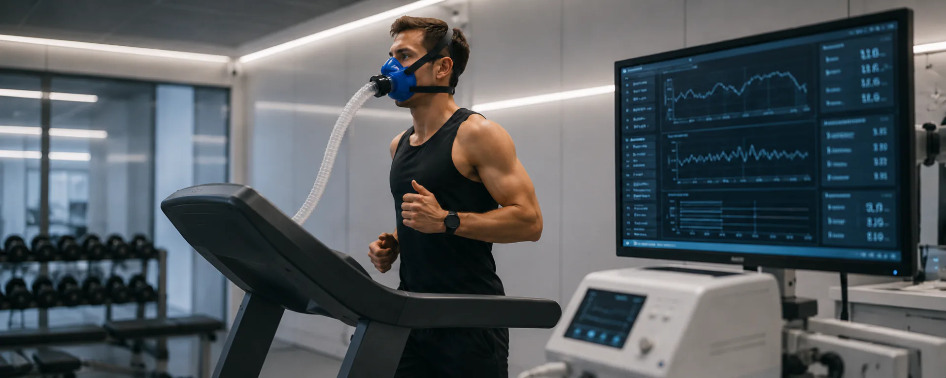 A man running on a treadmill wearing a VO2 Max breathing mask, with his data on a screen beside him