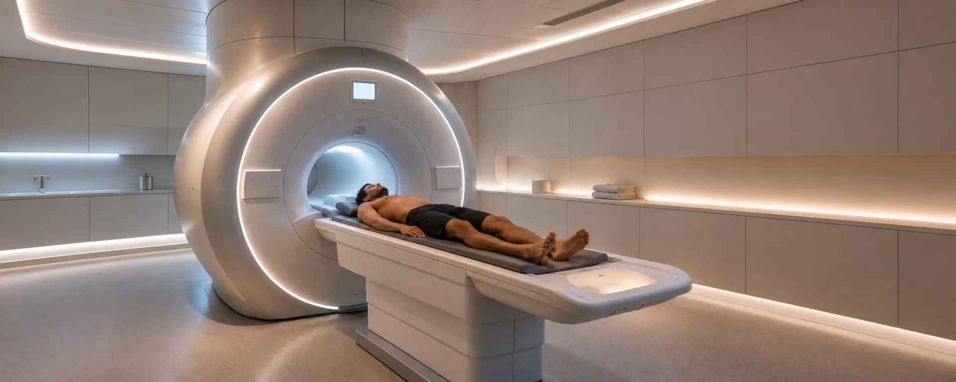 A man lying on the bed of a full-body MRI scanner in a softly lit imaging suite