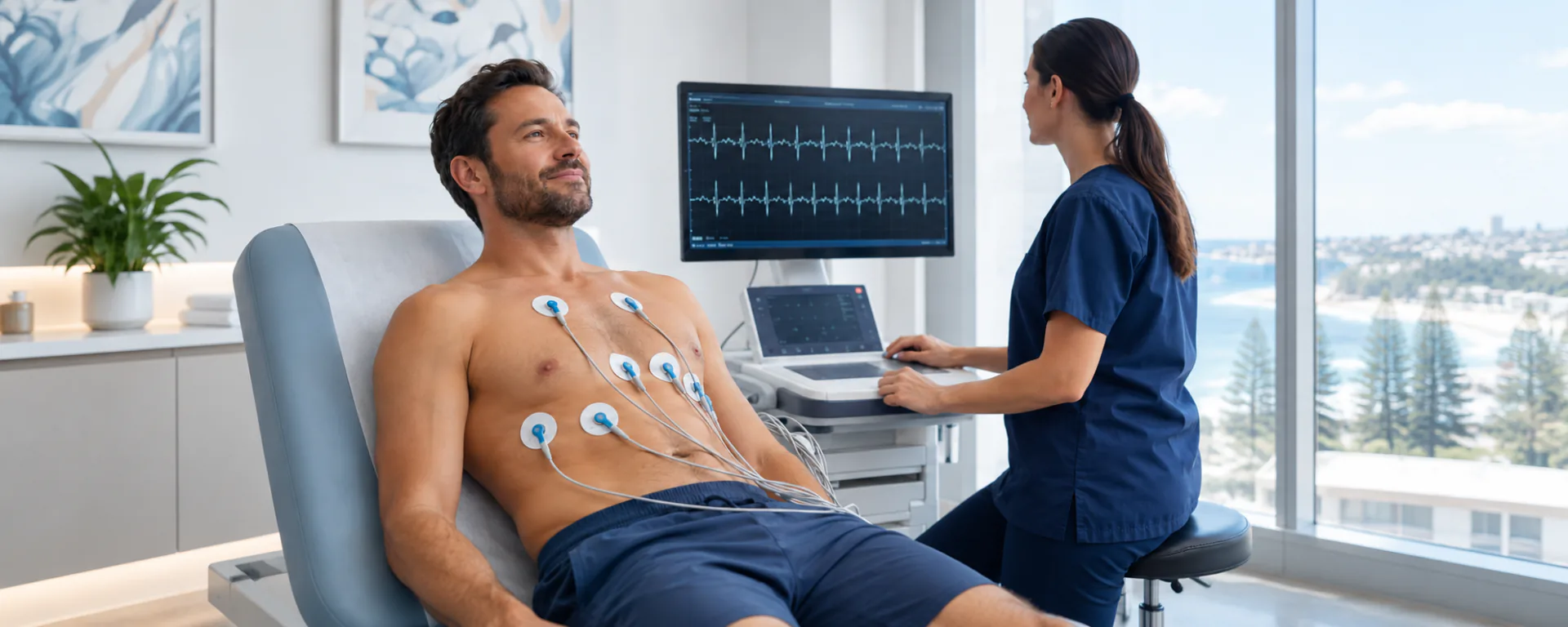 A man wearing ECG electrodes while a clinician watches the heart trace, with the coastline through the window
