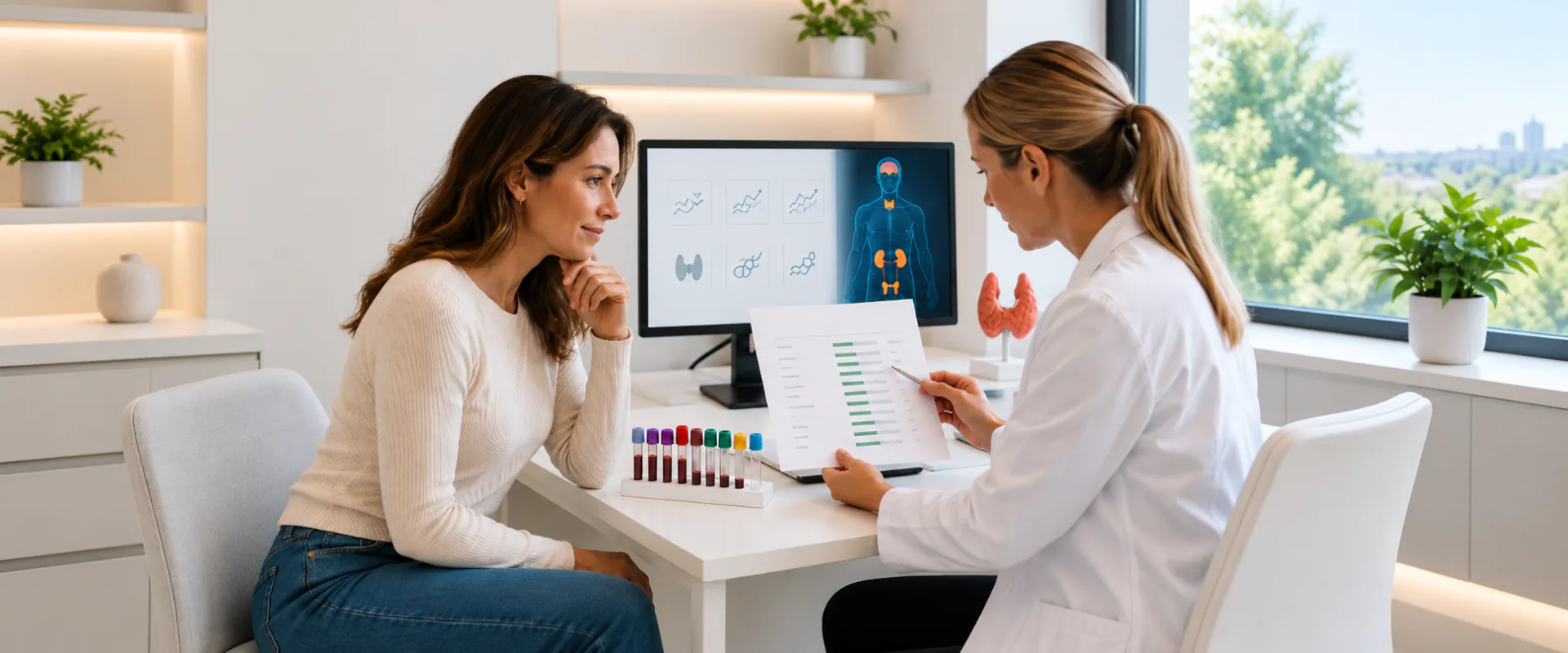 A woman reviewing hormone test results with a doctor at a desk