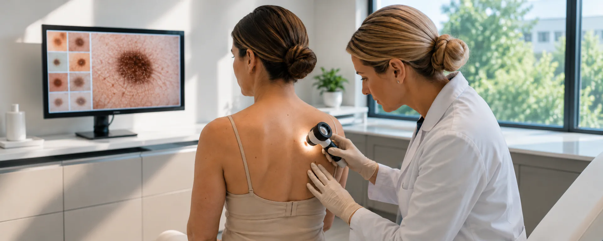 A doctor examining a patient’s back with a dermatoscope, with magnified skin images on screen