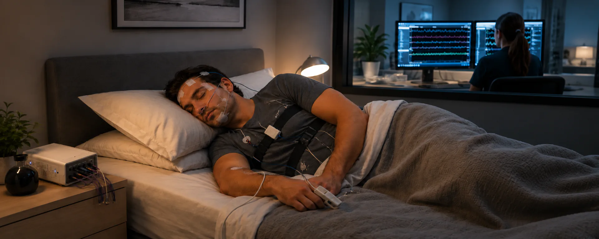 A man asleep in bed wired to sleep-study sensors while a technician monitors the readings from the next room