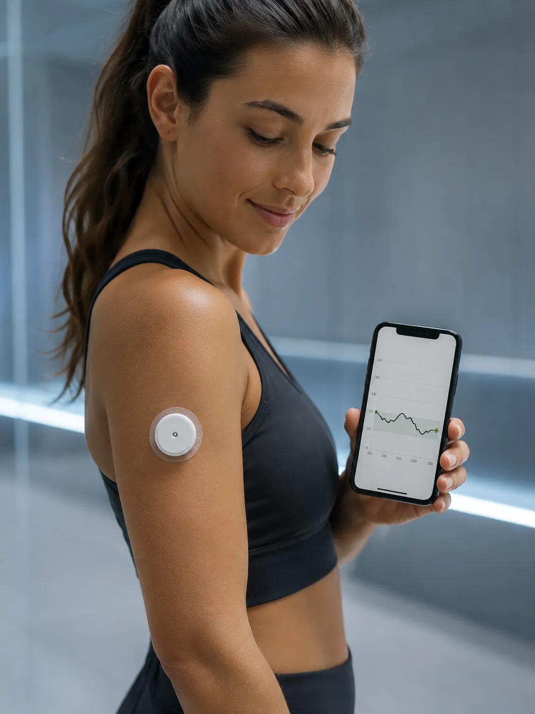 A woman wearing a continuous glucose monitor, checking her readings on a phone