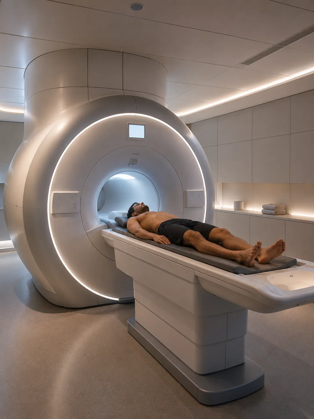 A patient entering a full-body MRI scanner
