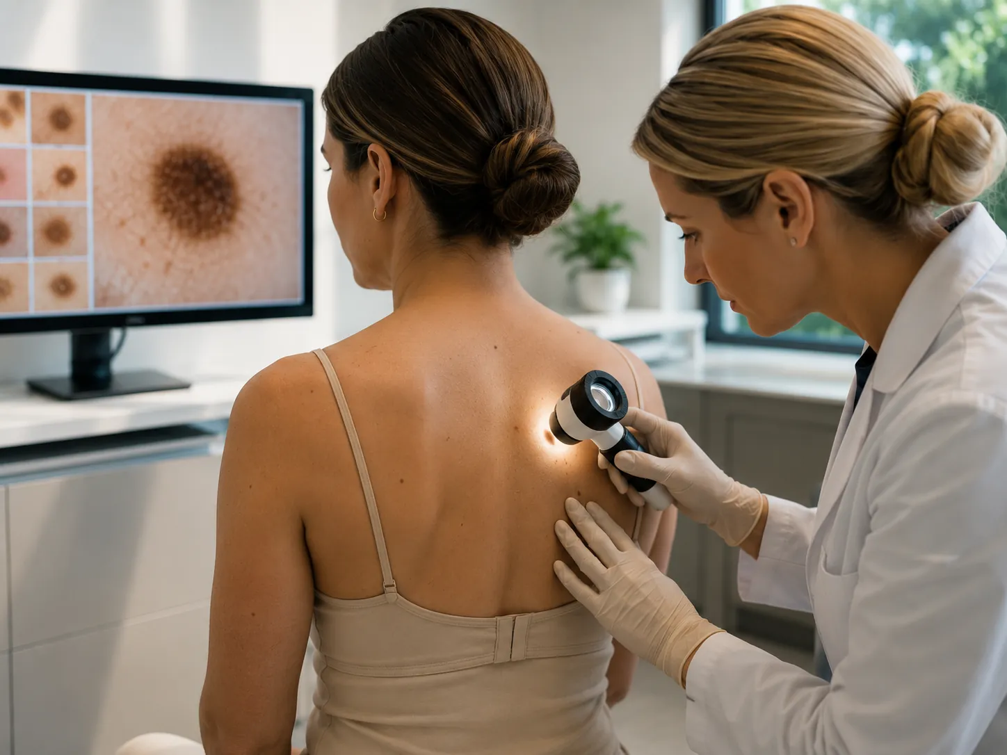 A dermatologist examining a patient's skin with a dermatoscope
